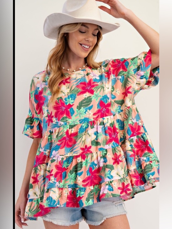 easel Tops - 878 1-G 🏝️EASEL FLORAL PRINTED WOVEN BABYDOLL TUNIC